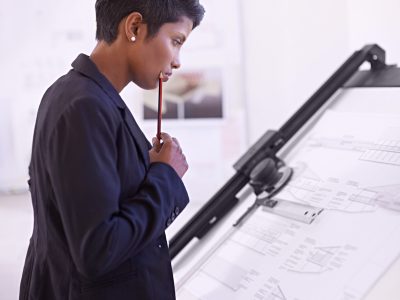Architecture, civil engineering or woman thinking of drawing for development project or planning on paper. Measure, blueprint or female designer with ideas for sketching floor plan of office building.